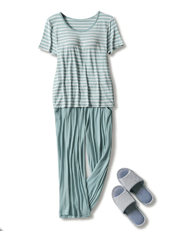 women-stripe-chest-pads-short-sleeve-top-drawstring-loose-pants-home-modal-pajama-set