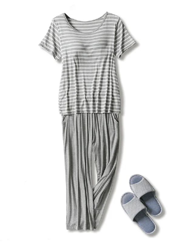 women-stripe-chest-pads-short-sleeve-top-drawstring-loose-pants-home-modal-pajama-set