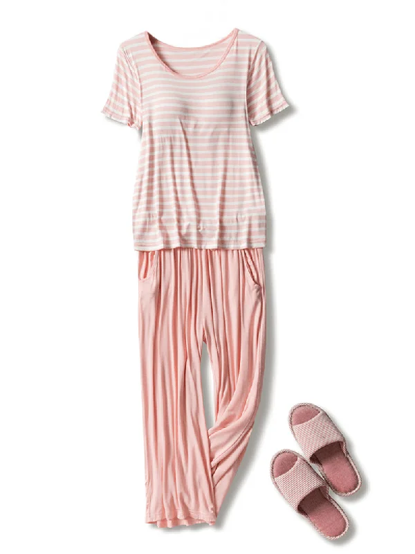 women-stripe-chest-pads-short-sleeve-top-drawstring-loose-pants-home-modal-pajama-set