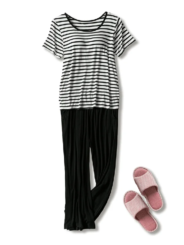 women-stripe-chest-pads-short-sleeve-top-drawstring-loose-pants-home-modal-pajama-set