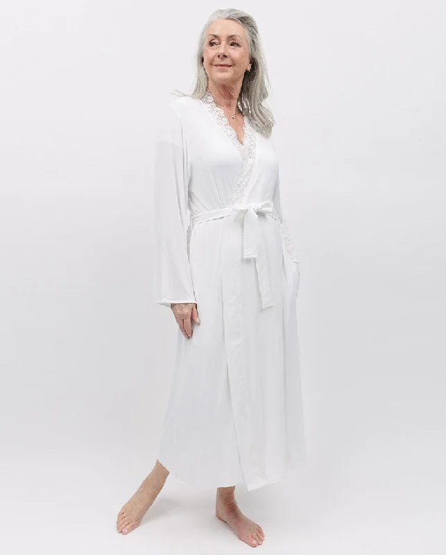 Evette Lace Detail White Jersey Long Dressing Gown