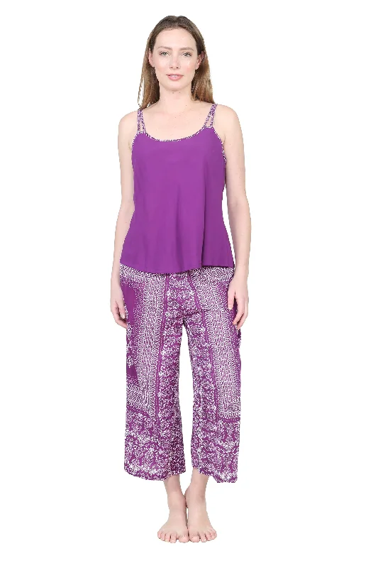 La Cera Rayon Purple and White Printed Capri Pajamas