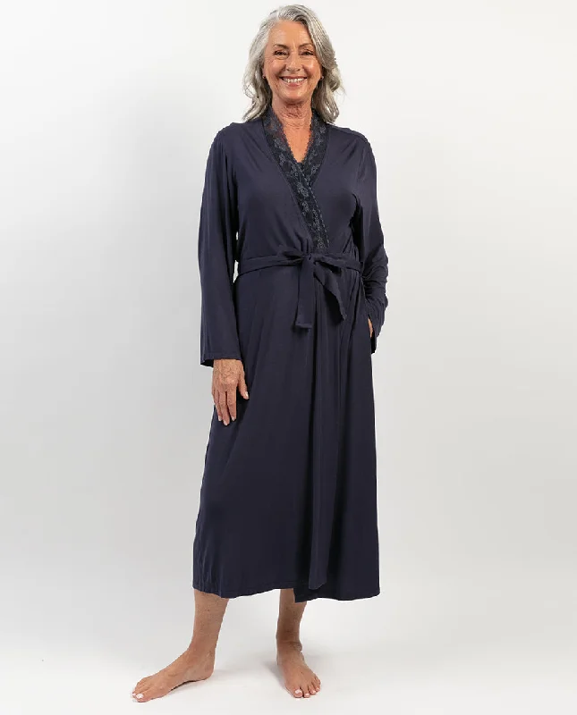 Maeve Lace Detail Navy Jersey Long Dressing Gown