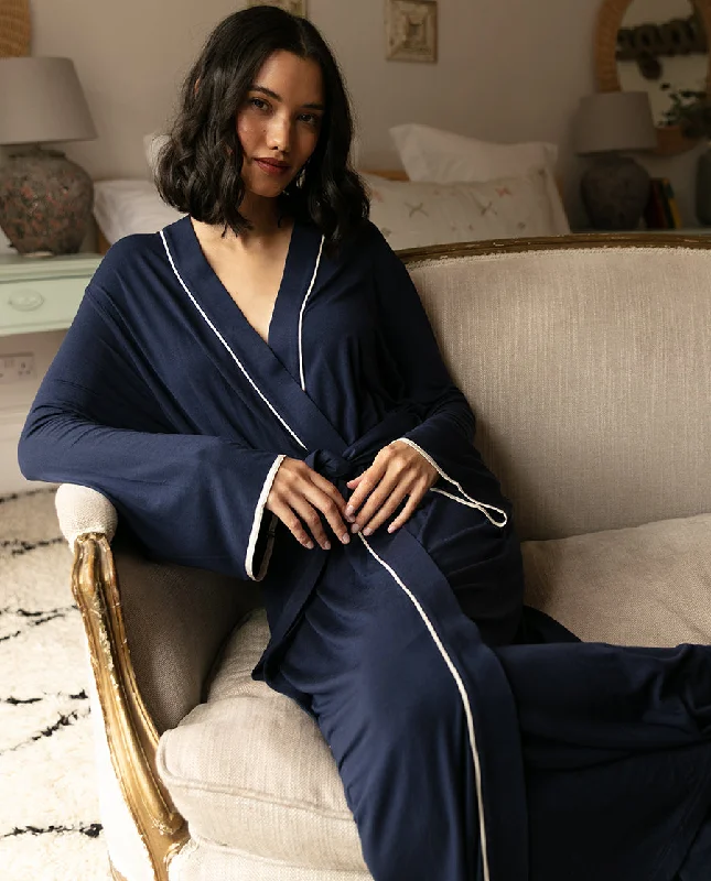 Spitalfields Navy Livaeco Jersey Long Dressing Gown