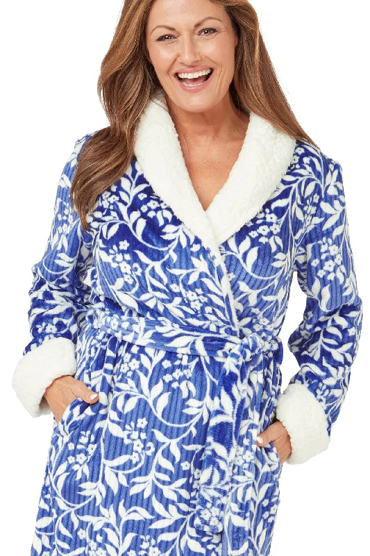 Soft Ribbed Floral Fleece Shawl Collar Robe