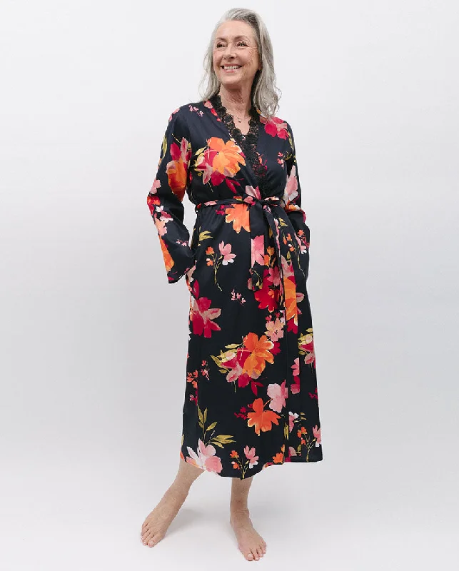 Winnie Lace Detail Black Floral Print Long Dressing Gown