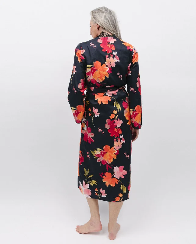 Winnie Lace Detail Black Floral Print Long Dressing Gown