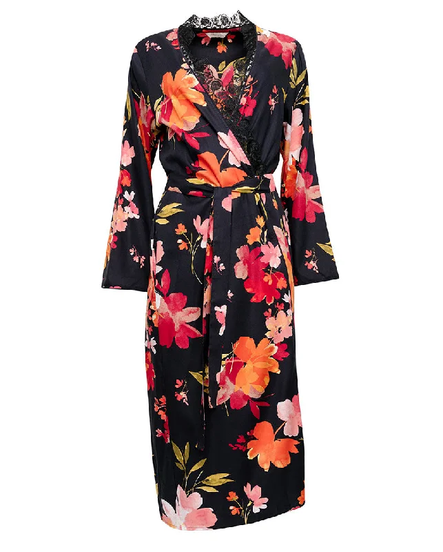 Winnie Lace Detail Black Floral Print Long Dressing Gown