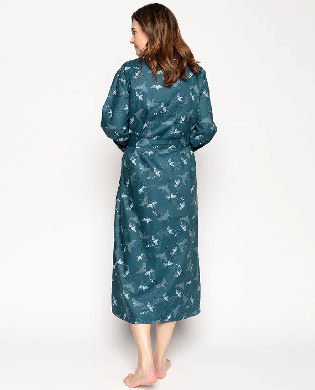 Yvonne  Lace-Trim Bird Print Long Dressing Gown