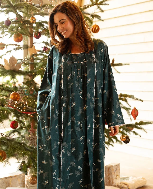 Yvonne  Lace-Trim Bird Print Long Dressing Gown