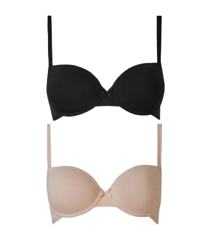 2 Pack Cotton Rich Underwired Balcony Bras - Black and Beige