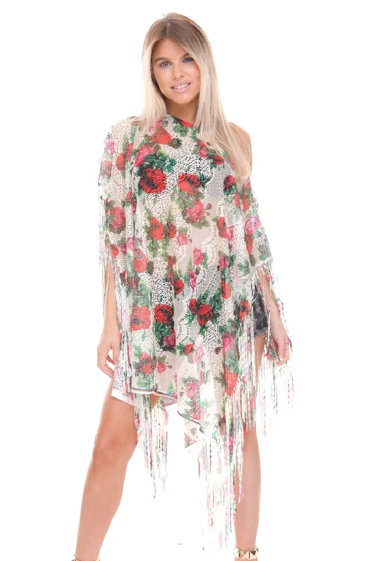 Floral Print Sheer Tassel Trim Holiday Kaftan Top