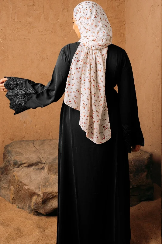 Black Lace Sleeve Front Zipper Abaya Dress-PREORDER