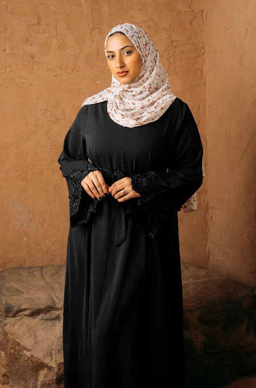 Black Lace Sleeve Front Zipper Abaya Dress-PREORDER