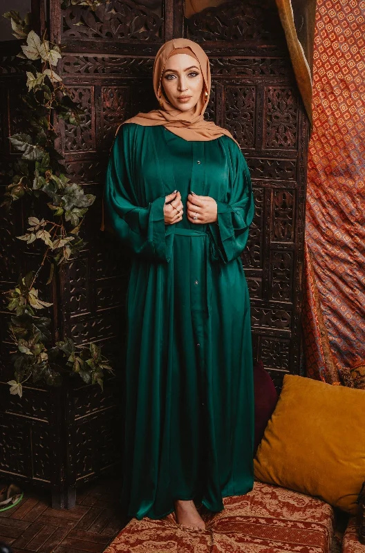 Dark Green Sleeveless Dress and Open Abaya Set