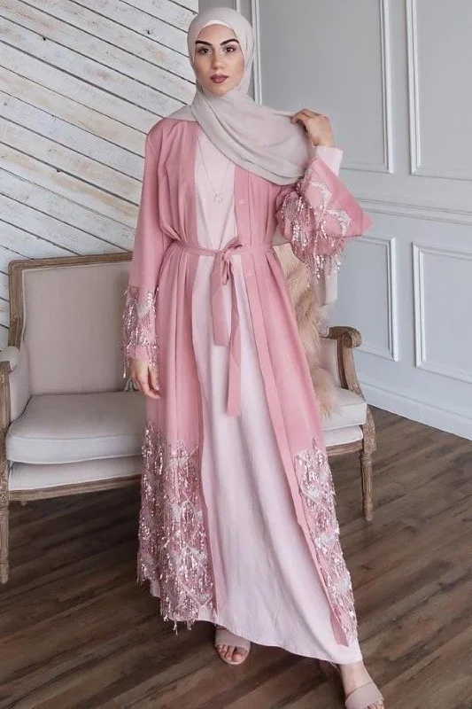 Dusty Pink Sequin Fringe Open Front Abaya