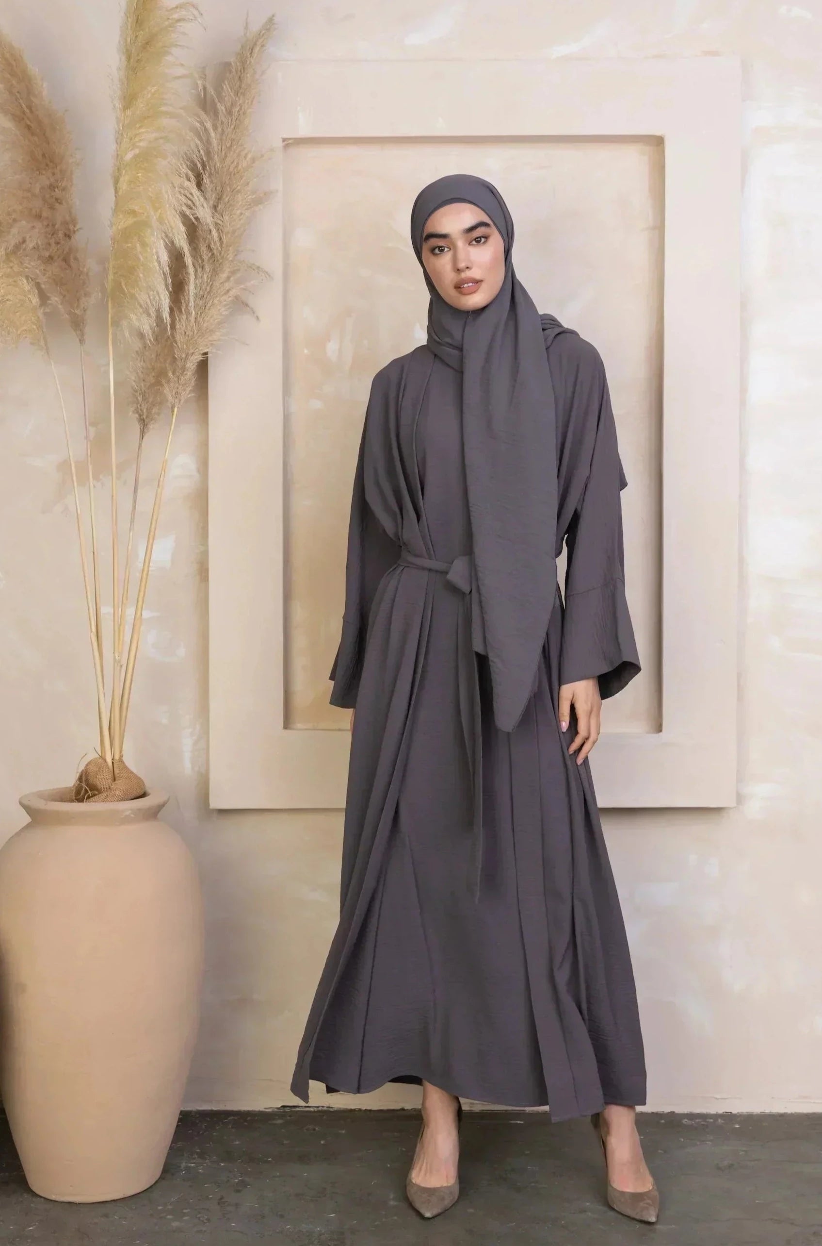 Gray Four Piece Open Abaya Set