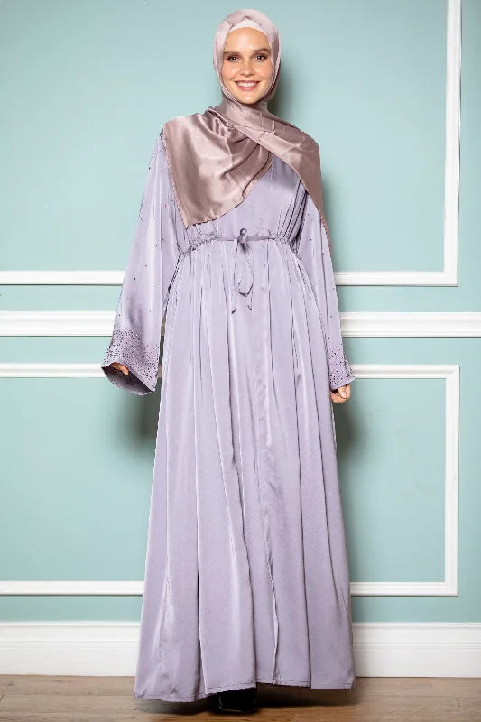 Gray Satin Drawstring Open Front Abaya-CLEARANCE