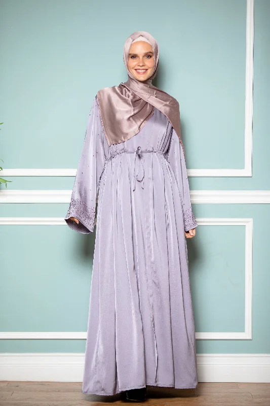 Gray Satin Drawstring Open Front Abaya-CLEARANCE