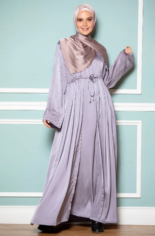 Gray Satin Drawstring Open Front Abaya-CLEARANCE