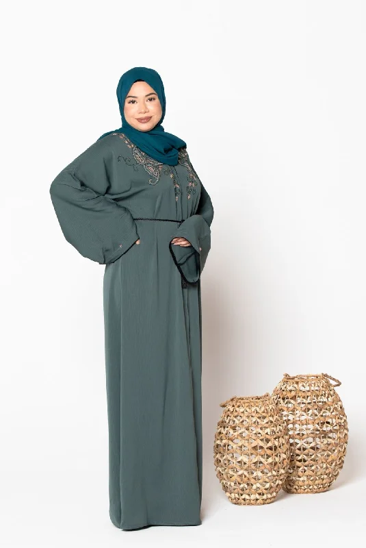 Olive Beaded Open Front Abaya