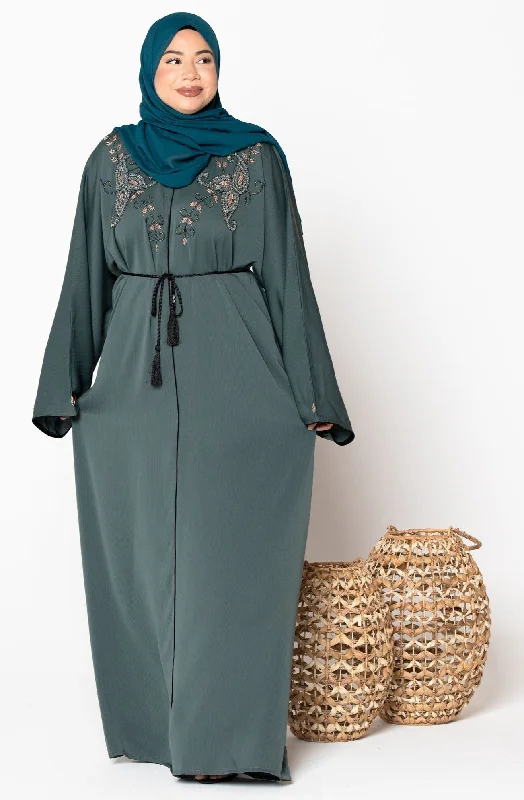 Olive Beaded Open Front Abaya