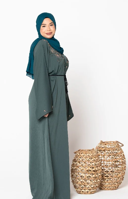 Olive Beaded Open Front Abaya