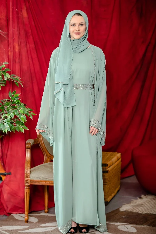 Sage Beaded Kimono Sleeves Abaya Set