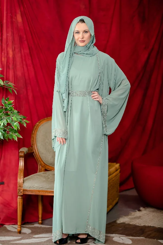 Sage Beaded Kimono Sleeves Abaya Set