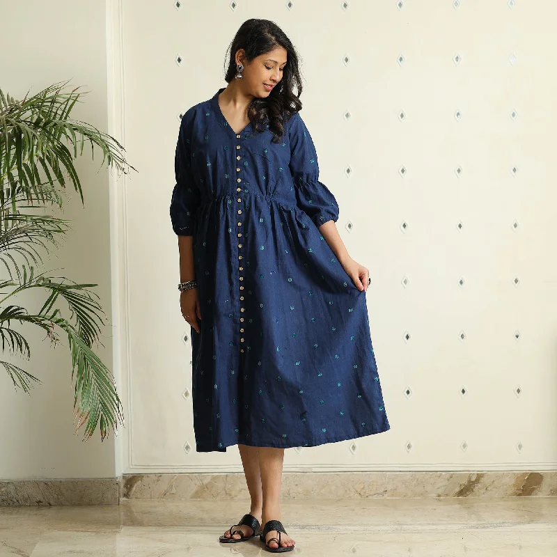 Power-dressingBlue - Jacquard Cotton Flared Gher Dress