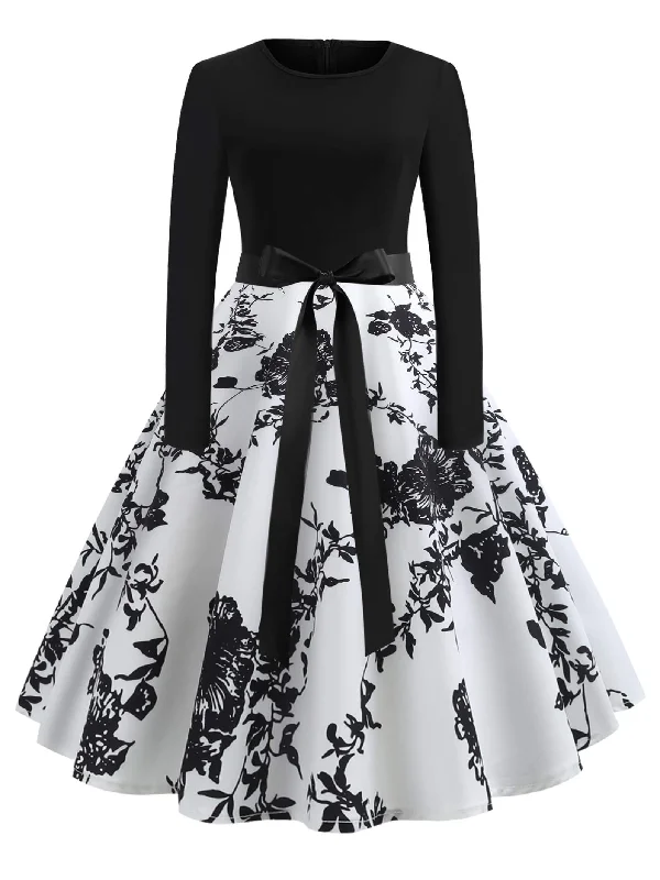 Modish50s Ribbon Tie Floral Print Flared Dress