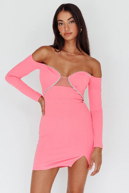 Regal beautyA-List Diamante Trim Long Sleeve Mini Dress Hot Pink