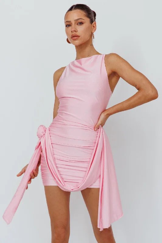 ClassyAgyness Rose Sash Feature Mini Dress Baby Pink