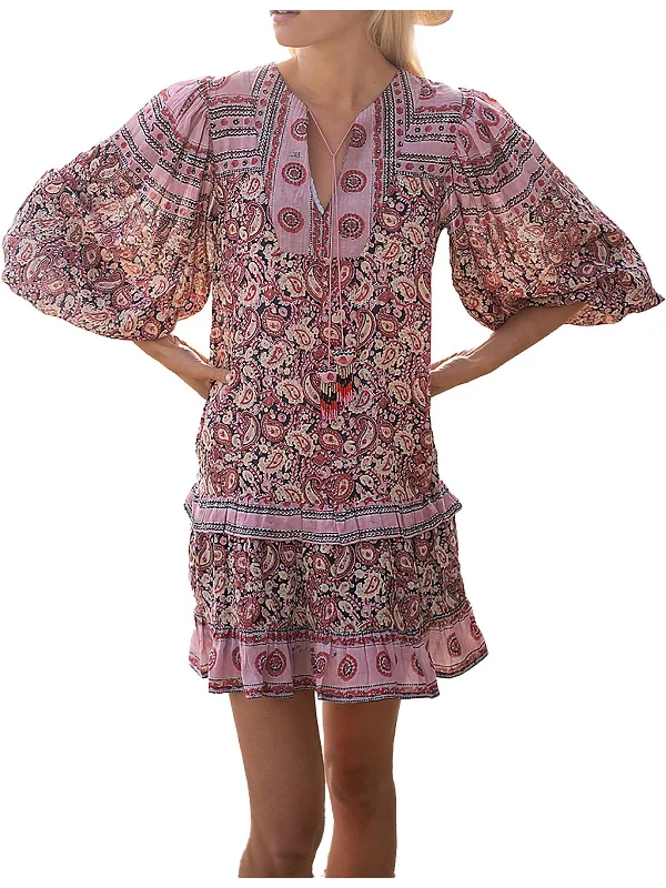FashionableAmelia Womens Boho Puff Sleeve Mini Dress