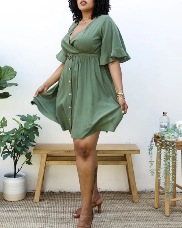 Polished-glamAnna Kaci Plus Size O-Ring Tied Belt Waist Butterfly Flare Sleeve Midi Dress - Jn4723