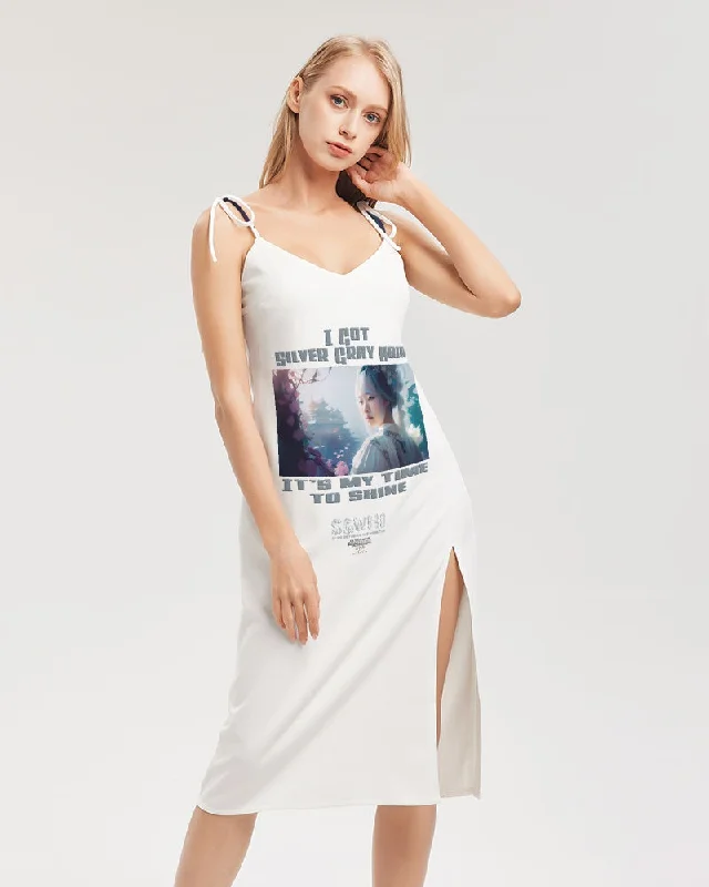 Denim-on-denimAsian sister with silver grey hair Women's All-Over Print Tie Strap Split Dress Denim-on-denimAsian sister with silver grey hair Women's All-Over Print Tie Strap Split Dress