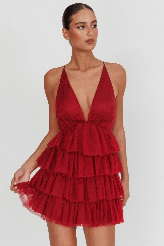 Modern-luxeAuguste Tiered Frill Mini Dress Burgundy