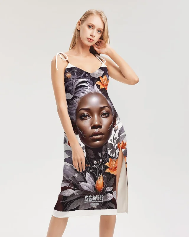 Skate-inspiredBeautiful black silver grey hair blossom women Women's All-Over Print Tie Strap Split Dress