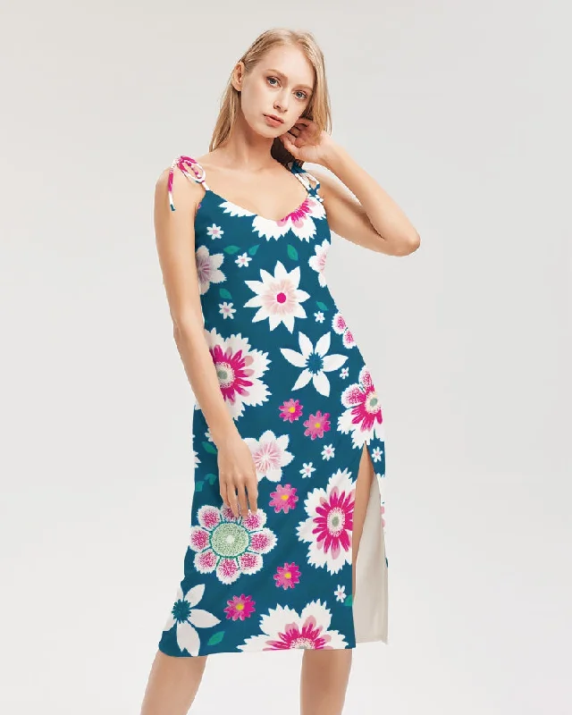 Moto-inspiredBeautiful floral pattern Women's All-Over Print Tie Strap Split Dress