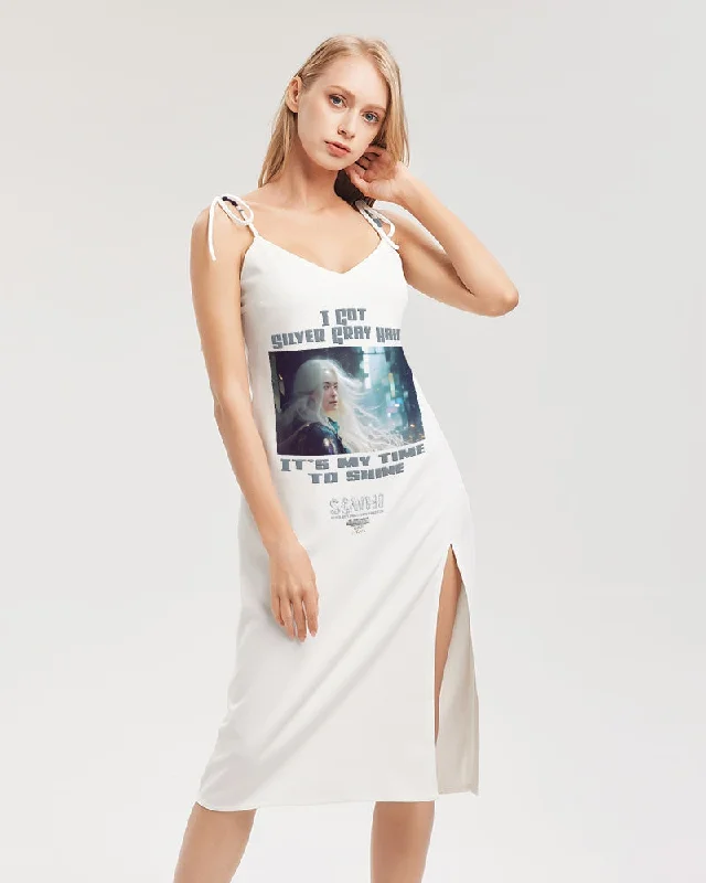 Functional-streetBeautiful white woman my time to shine Women's All-Over Print Tie Strap Split Dress