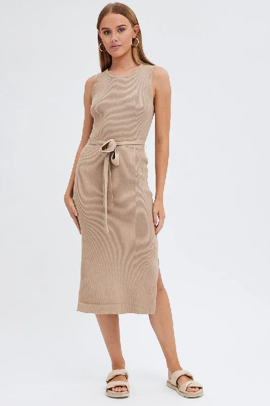 Unisex-chicBeige Knit Dress Sleeveless Round Neck Belted Midi