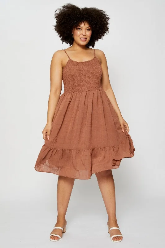 Modern-eleganceBeige Skater Dress Square Neck Sleeveless Tie