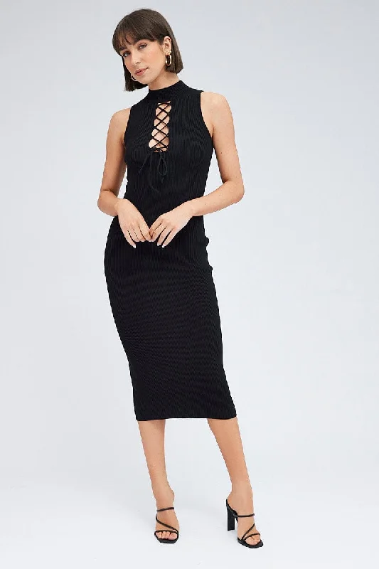 LegendaryBlack Knit Dress High Neck Sleeveless Midi