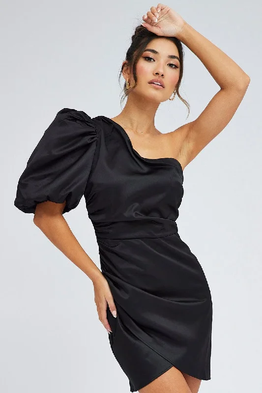 ModishBlack One Shoulder Puff Sleeve Statement Dress