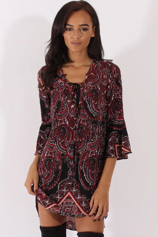 Business-chicBlack Paisley Print Flared Sleeve Dress - Pia