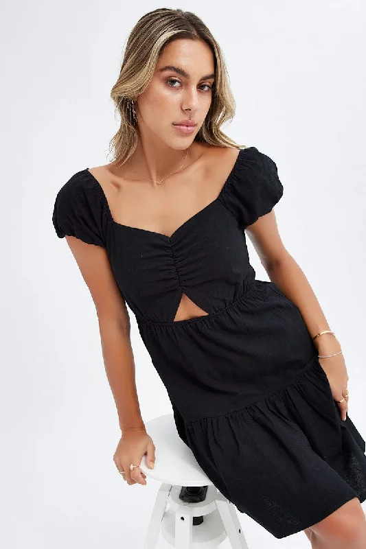 Desert-chicBlack Puff Sleeve Cut Out Skater Dress