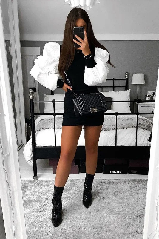 Underground-chicBlack Ribbed Shirt Ruched Sleeves Dress - Nieve