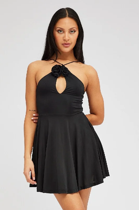 Tastefully-boldBlack Rose Flower Dress Keyhole Strappy Swishy Dress