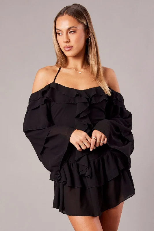 Minimal-chicBlack Ruffle Dress Bardot Layered Frill Sleeve Dress