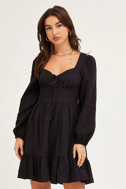 Fairycore aestheticBlack Skater Dress Puff Sleeve Mini
